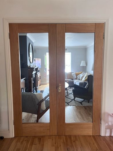 Solid wood internal double doors with glass panels