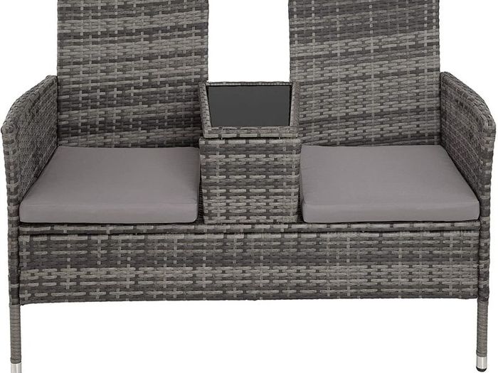 _Polyrattan Garden Bench with Table, 2-Seater, for Garden, Balcony and Patio, Plastic Feet, Garden Bench with Seat Cushion, Grey