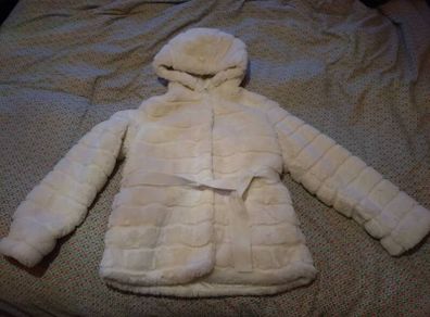 Benetton white fake fur hooded coat, 8-9 years
