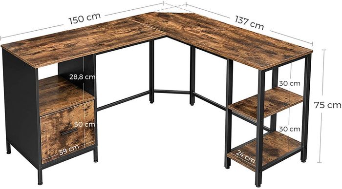 _Computer Desk, L-Shaped Office Table with Cabinet and Hanging Files, 2 Shelves, Home Office, Space-Saving, Easy Assembly, Industrial Design, Vintage Brown/Black