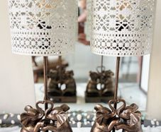Pair of Antique-style Bronze Kissing Elephant Table Lamps with Upgraded Metal Lace Shades & Edison Bulbs