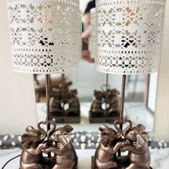 Pair of Antique-style Bronze Kissing Elephant Table Lamps with Upgraded Metal Lace Shades & Edison Bulbs