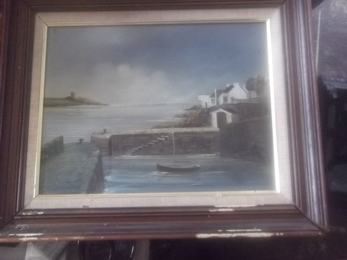 a oil painting  on board of bullock harbour by brandan hayes