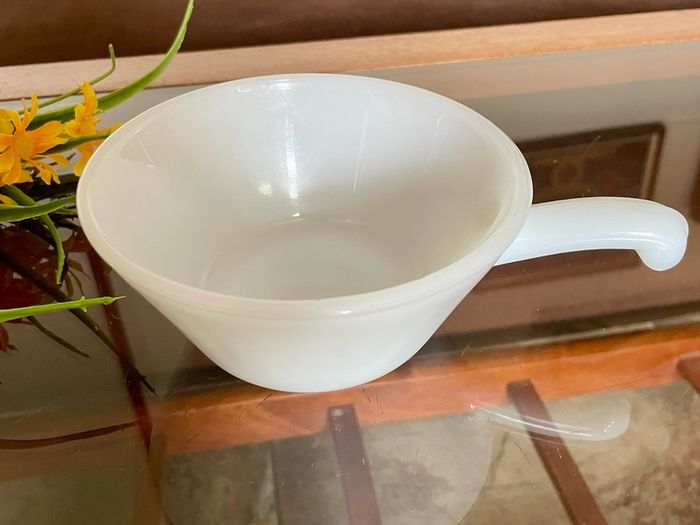 Vintage Mid Century Anchor Hocking Fire King Ovenproof Milk Glass Bowl with Handle 1960 1970s