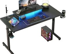 Small Gaming Desk 106.6 CM LED Computer Desk with Monitor Stand Gamer Workstation with Cup Holder & Headset Hooks for Home Office Bedroom Small Space