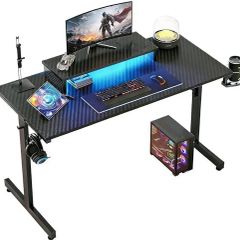 Small Gaming Desk 106.6 CM LED Computer Desk with Monitor Stand Gamer Workstation with Cup Holder & Headset Hooks for Home Office Bedroom Small Space