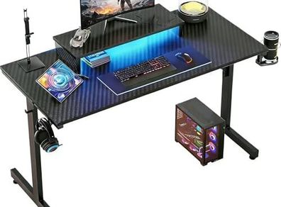 Small Gaming Desk 106.6 CM LED Computer Desk with Monitor Stand Gamer Workstation with Cup Holder & Headset Hooks for Home Office Bedroom Small Space