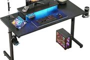 Small Gaming Desk 106.6 CM LED Computer Desk with Monitor Stand Gamer Workstation with Cup Holder &amp; Headset Hooks for Home Office Bedroom Small Space