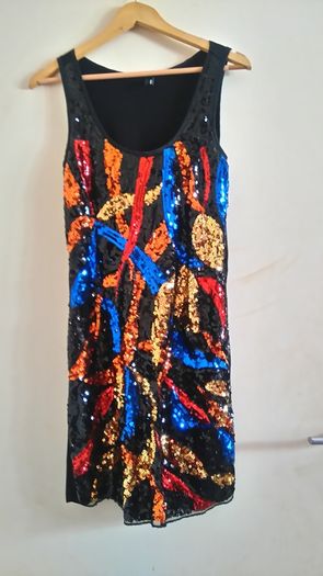Woman 70,s style dress multicolored sequence