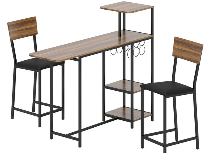 3-piece Bar Table Set, 1 Bar Table, 2 Chairs, with Wine Rack, Glass Holder, Open Shelves, Footrests, Brown