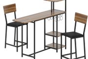 3-piece Bar Table Set, 1 Bar Table, 2 Chairs, with Wine Rack, Glass Holder, Open Shelves, Footrests, Brown