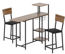3-piece Bar Table Set, 1 Bar Table, 2 Chairs, with Wine Rack, Glass Holder, Open Shelves, Footrests, Brown