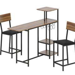 3-piece Bar Table Set, 1 Bar Table, 2 Chairs, with Wine Rack, Glass Holder, Open Shelves, Footrests, Brown
