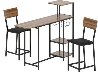 3-piece Bar Table Set, 1 Bar Table, 2 Chairs, with Wine Rack, Glass Holder, Open Shelves, Footrests, Brown