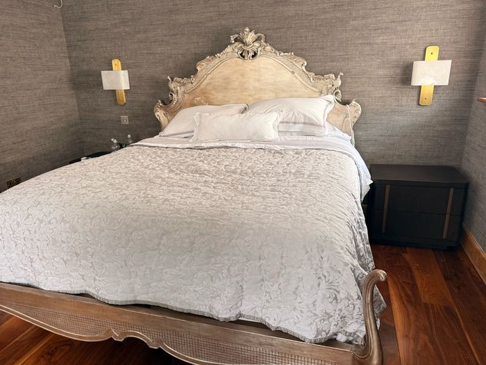 Superking French style bed  plus  bedside cabinets plus silk curtains