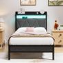 Single Bed Frames with 3ft Upholstered Wooden Two shelf Storage Headboard, Charging Station,LED Lights Image 8