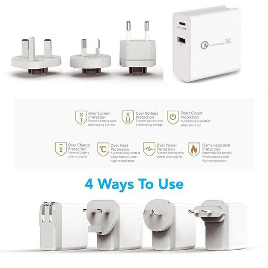 QC 3.0 & PD USB 4 Ports Wall Fast Charger 48W [2 Power Plugs (US/UK)] (Brand New/Warranty)