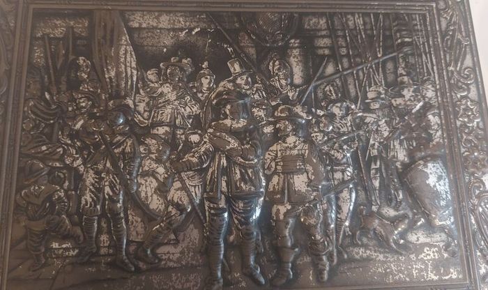 Fabulous Rembrandt's The Night Watch Vintage Hinged Biscuit Tin with a Raised Relief Reproduction of the Famous Painting, Attributed to the Victoria Biscuit Company of Holland