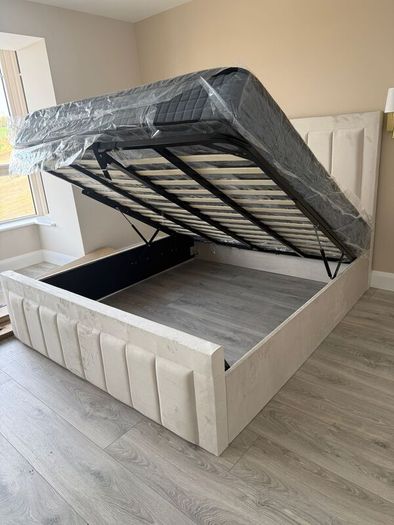 New Ottoman Upholstered Bed, Double Bed with Hydraulic Lifting Bar, Height Adjustable Padded Headboard, Metal Slatted Frame, Youth Bed, Adult Bed