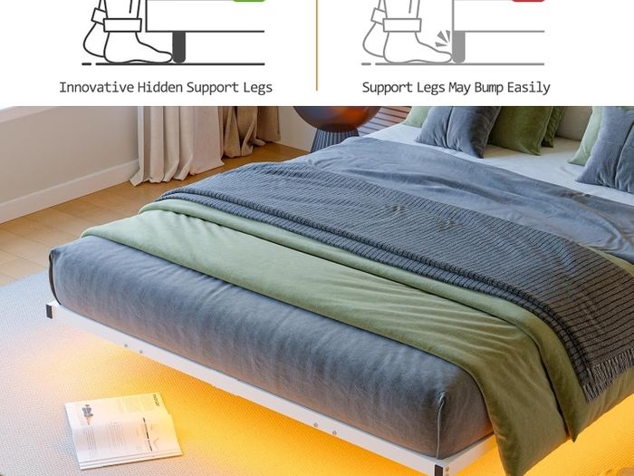 King Size Floating Bed Frame with LED Lights and Charging Station, Metal Platform Bed Frame King Size with Wooden Storage Headboard White and OAK