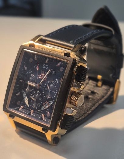 OLEVS men's chronograph watch - black dial and leather strap