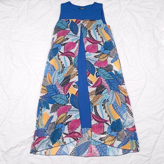 Sophie B Blue Multicolor Tropical Leaf Print Sheer Kaftan Tunic Dress 12UK/40EU