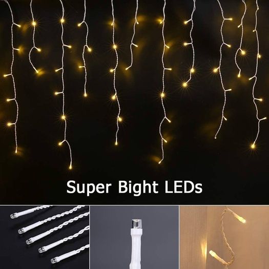 Icicle Lights Outdoor, 46ft 480 LED Window Curtain Lights Mains Powered Warm White 8 Modes Waterproof Christmas Fairy String Lights for Garden Xmas Party Outside Decorations, White Cable