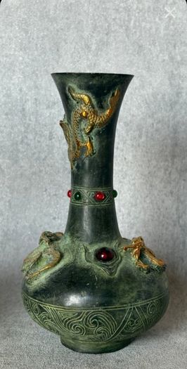 Two Chinese Dragon Vases  - Patinated Bronze, Signed