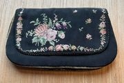 Vintage Black Clutch Purse / Evening Bag with Petite Point Flowers