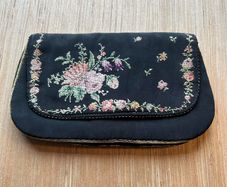 Vintage Black Clutch Purse / Evening Bag with Petite Point Flowers
