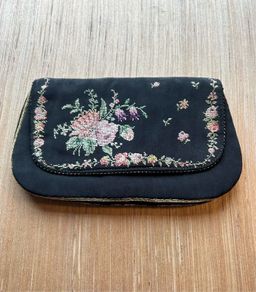 Vintage Black Clutch Purse / Evening Bag with Petite Point Flowers