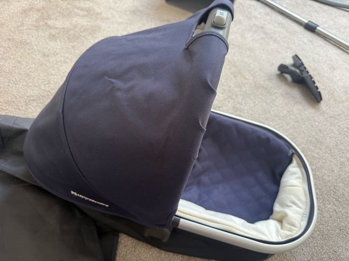 Uppababy vista basinet with rain cover fly cover had to storage and adapters for buggy to make it a double buggy