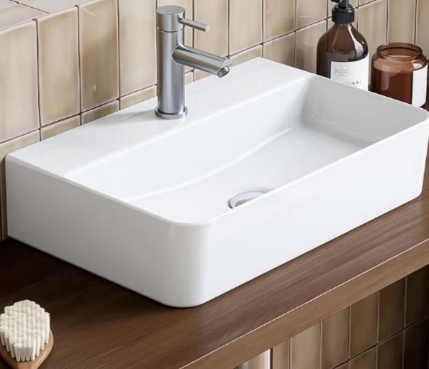 Bathroom Ceramic Wash Basin Sink White, 46x31cm) - Countertop or Wall Mounted Rectangular Basin,Slim Edge & Storage Ledge Design White, 46  31cm