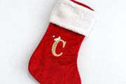 Pre Owned C Red Velvet Christmas Stocking with Faux Fur Trim