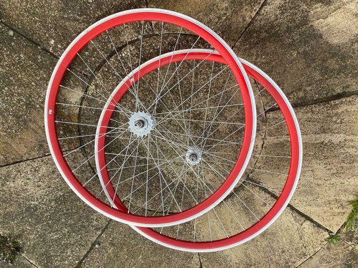 Red Bicycle Wheelset - Fixie/Singlespeed/FixedGear/Track Bike (FlipFlop Rear Hub) Sealed Bearings - Massively Discounted due to Cosmetic Flaws - Red Rims with Silver Spokes and Hubs.