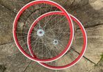 Red Bicycle Wheelset - Fixie/Singlespeed/FixedGear/Track Bike (FlipFlop Rear Hub) Sealed Bearings - Massively Discounted due to Cosmetic Flaws - Red Rims with Silver Spokes and Hubs.