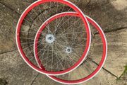 Red Bicycle Wheelset - Fixie/Singlespeed/FixedGear/Track Bike (FlipFlop Rear Hub) Sealed Bearings - Massively Discounted due to Cosmetic Flaws - Red Rims with Silver Spokes and Hubs.