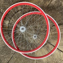 Red Bicycle Wheelset - Fixie/Singlespeed/FixedGear/Track Bike (FlipFlop Rear Hub) Sealed Bearings - Massively Discounted due to Cosmetic Flaws - Red Rims with Silver Spokes and Hubs.
