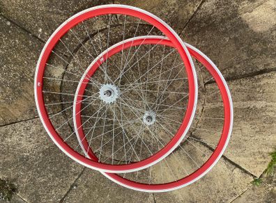 Red Bicycle Wheelset - Fixie/Singlespeed/FixedGear/Track Bike (FlipFlop Rear Hub) Sealed Bearings - Massively Discounted due to Cosmetic Flaws - Red Rims with Silver Spokes and Hubs.