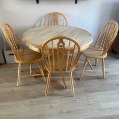 Solid Wood Round Extendable Dining Table and 4 Windsor Chairs - Rustic Farmhouse Style