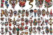 77 sheets Classic Temporary Tattoos, Old School Tattoos Stickers, Sailor Jerry Style Vintage Design Fake Tattoo, American Traditional Flower Rose Arm Temporary Tattoos for Women Men Adults Kids