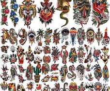 77 sheets Classic Temporary Tattoos, Old School Tattoos Stickers, Sailor Jerry Style Vintage Design Fake Tattoo, American Traditional Flower Rose Arm Temporary Tattoos for Women Men Adults Kids
