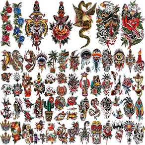 77 sheets Classic Temporary Tattoos, Old School Tattoos Stickers, Sailor Jerry Style Vintage Design Fake Tattoo, American Traditional Flower Rose Arm Temporary Tattoos for Women Men Adults Kids