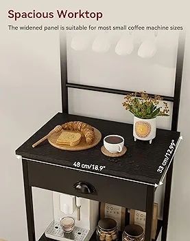 5 Tier Coffee Bar Station, Coffee Stand with Fabric Drawers, 8 S-Shaped Hooks, Corner Bar Cabinet, Height Adjustable, Bakers Rack for Kitchen, Living Room, Black