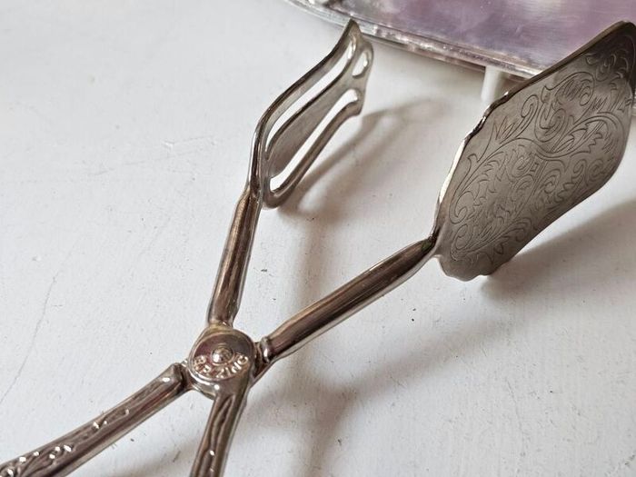 Vintage Silver Plated Serving Tray and Server Tongs