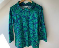 Kew 159 Cotton Linen Floral Blouse | Green & Blue Funnel Neck 3/4 Sleeve Top