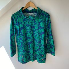 Kew 159 Cotton Linen Floral Blouse | Green & Blue Funnel Neck 3/4 Sleeve Top
