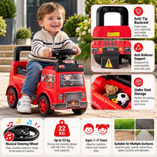 Ride On Fire Truck Push Car for Toddlers with Music and Storage Red