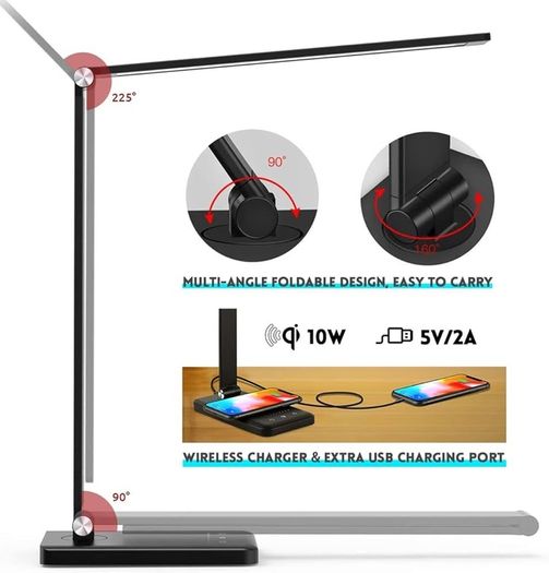 NEW SALE | LED Desk Lamp with Wireless Charger, USB Charging Port, Table Lamp with 10 Brightness, 5 Lighting Colors
