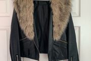 F&amp;F Black Leather Jacket with Fur Collar